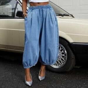 Women's Denim Harem Pants High Waisted Elastic Y2K Loose Fit Wide Leg
